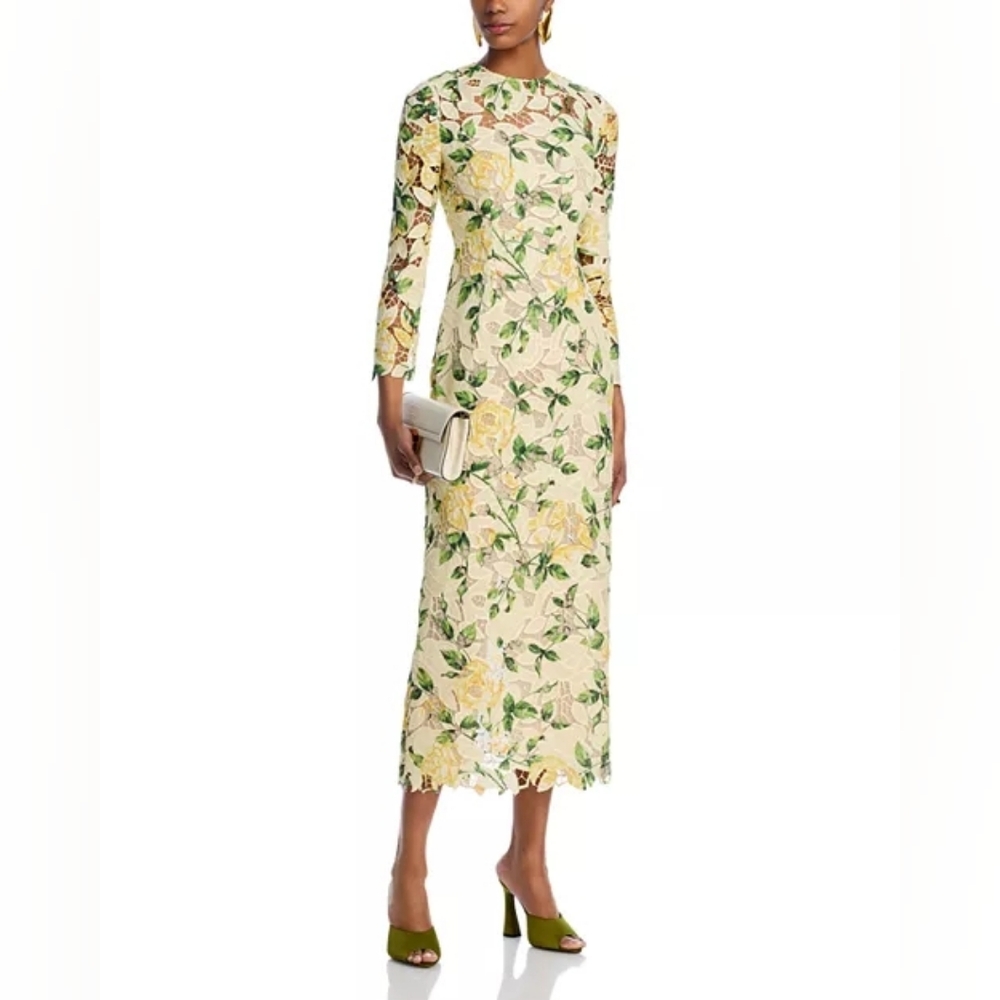 $3,290 NWT OSCAR DE LA RENTA ROSE GUIPURE LACE MIDI DRESS GOWN US M 10